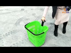大容量 プラスチック スーパーマーケット ショッピングバスケット ハンドルと2つの車輪